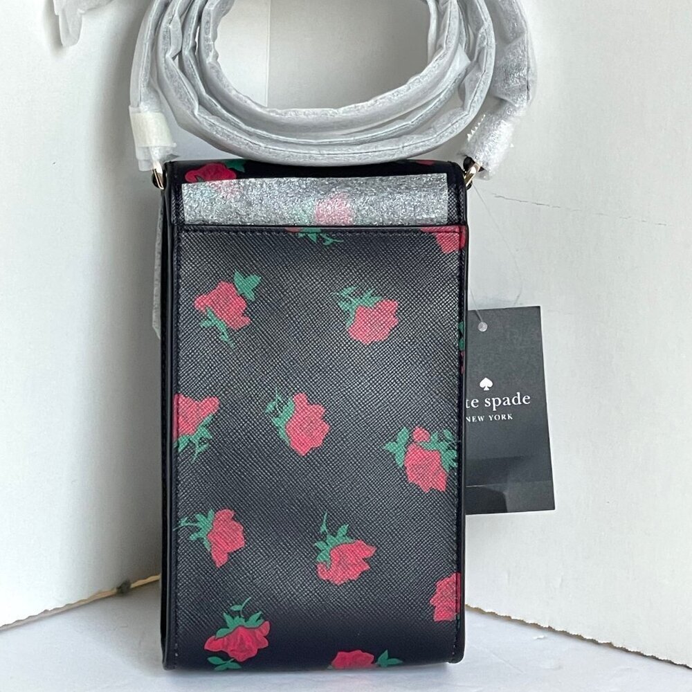 Kate Spade Madison Phone Crossbody Black Rose Toss Leather Bag NWT - Picture 4 of 8